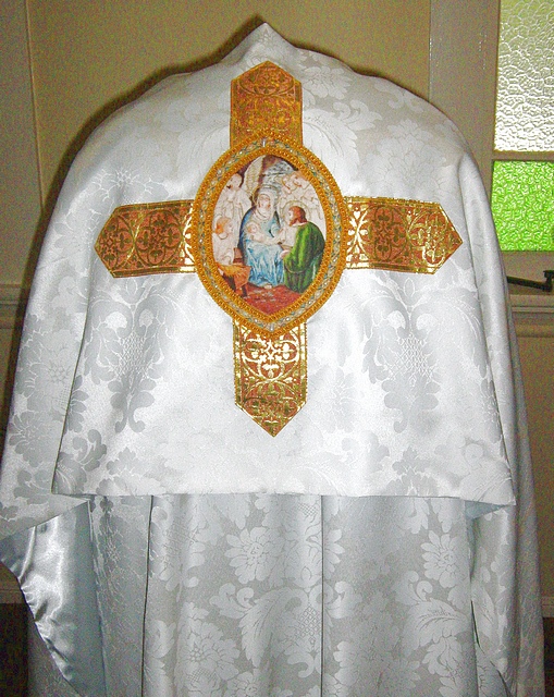 Cope in white on white fabric with Nativity Theme